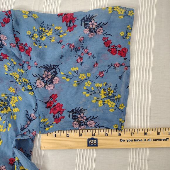 Blue Floral Open Front Kimono Cardigan w/‎ Fringe Hem & Lace Sheer Boho Cover Up - Picture 11 of 11